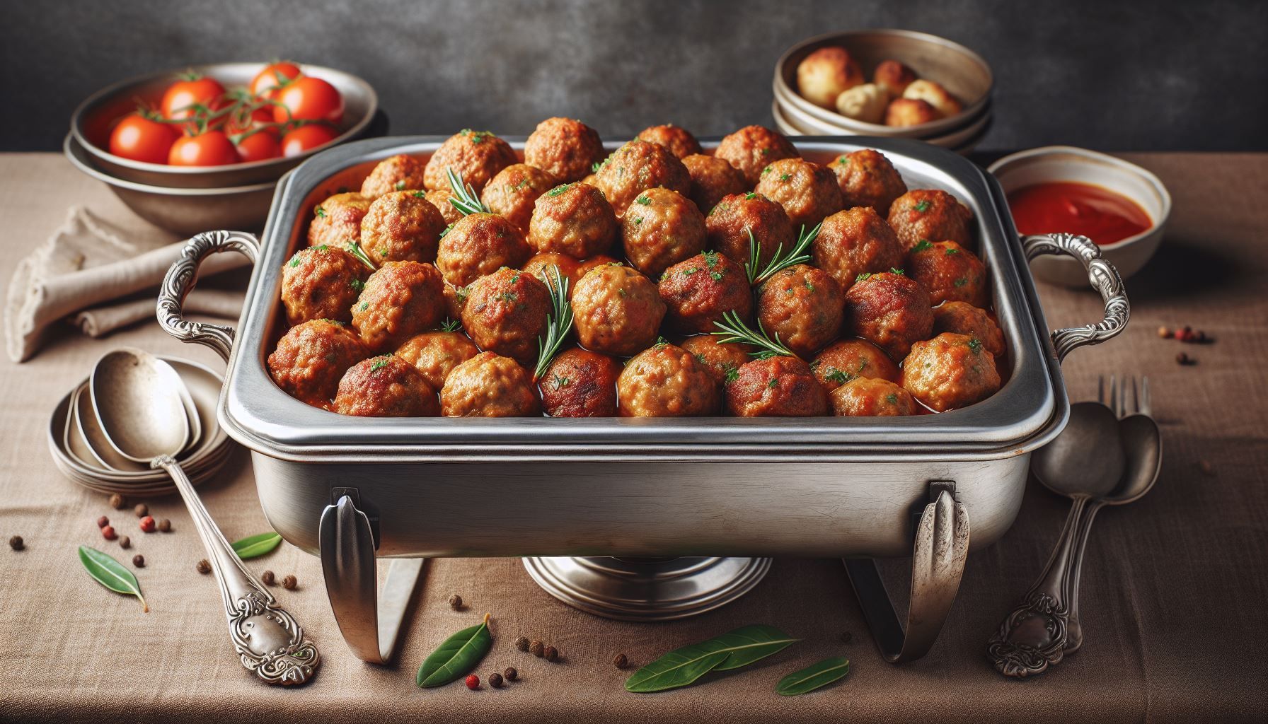 A tray of meatballs is sitting on a table.