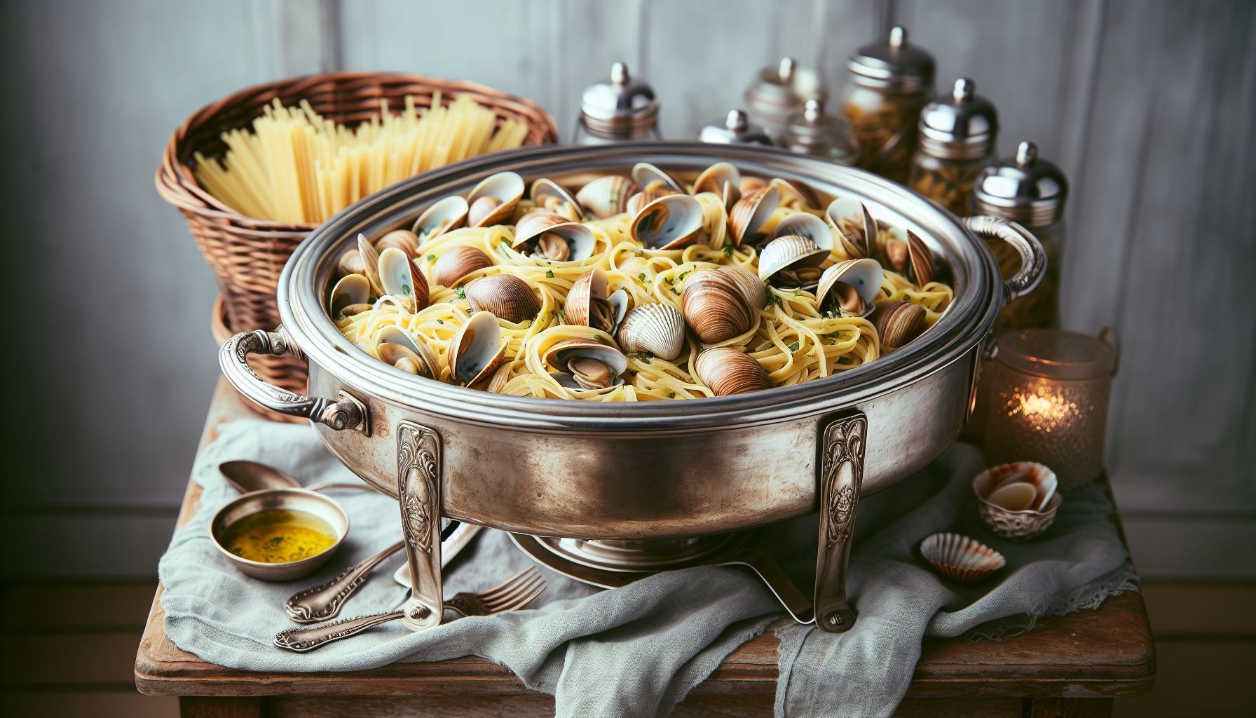 A pot of spaghetti and clams is sitting on a wooden table.