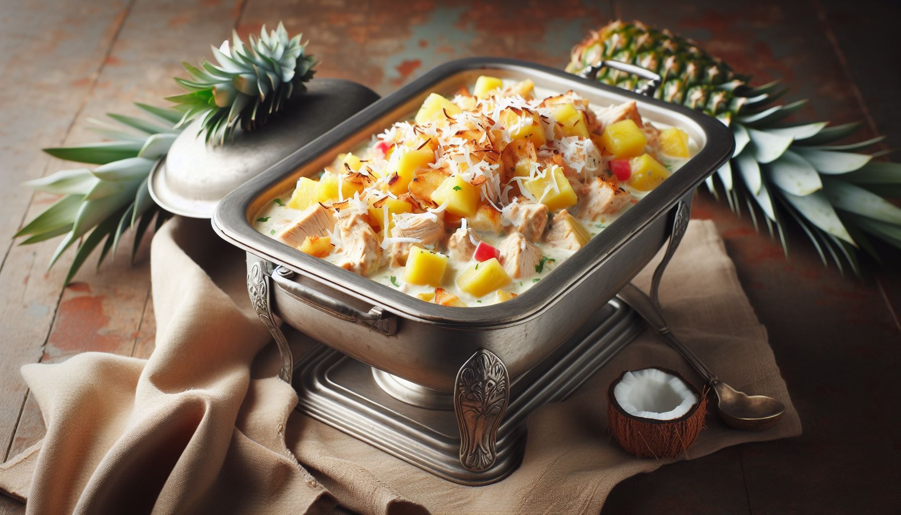 A casserole dish filled with pineapple and coconut on a wooden table.