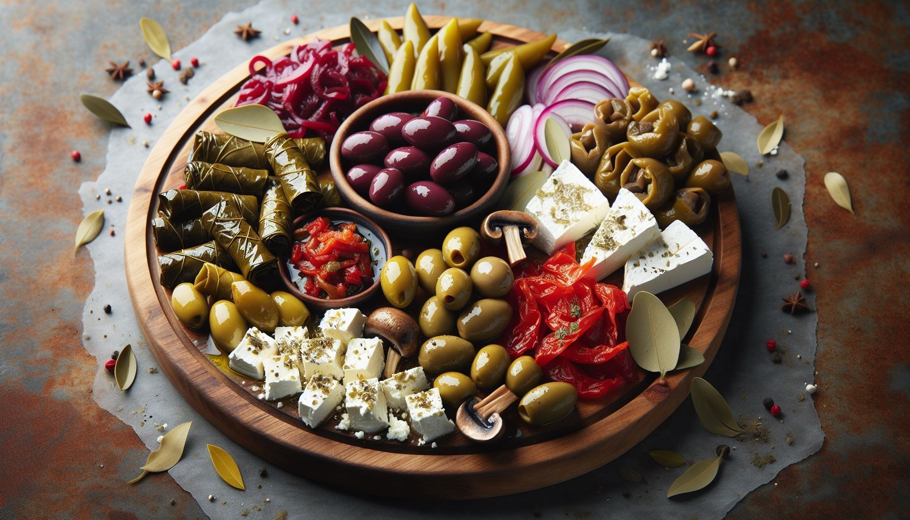 A wooden tray filled with a variety of greek food.