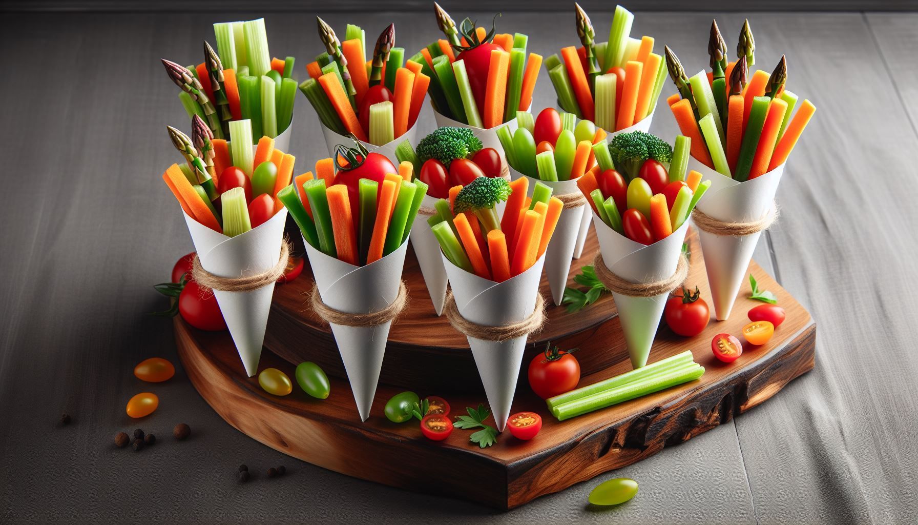 A wooden cutting board topped with paper cones filled with vegetables.