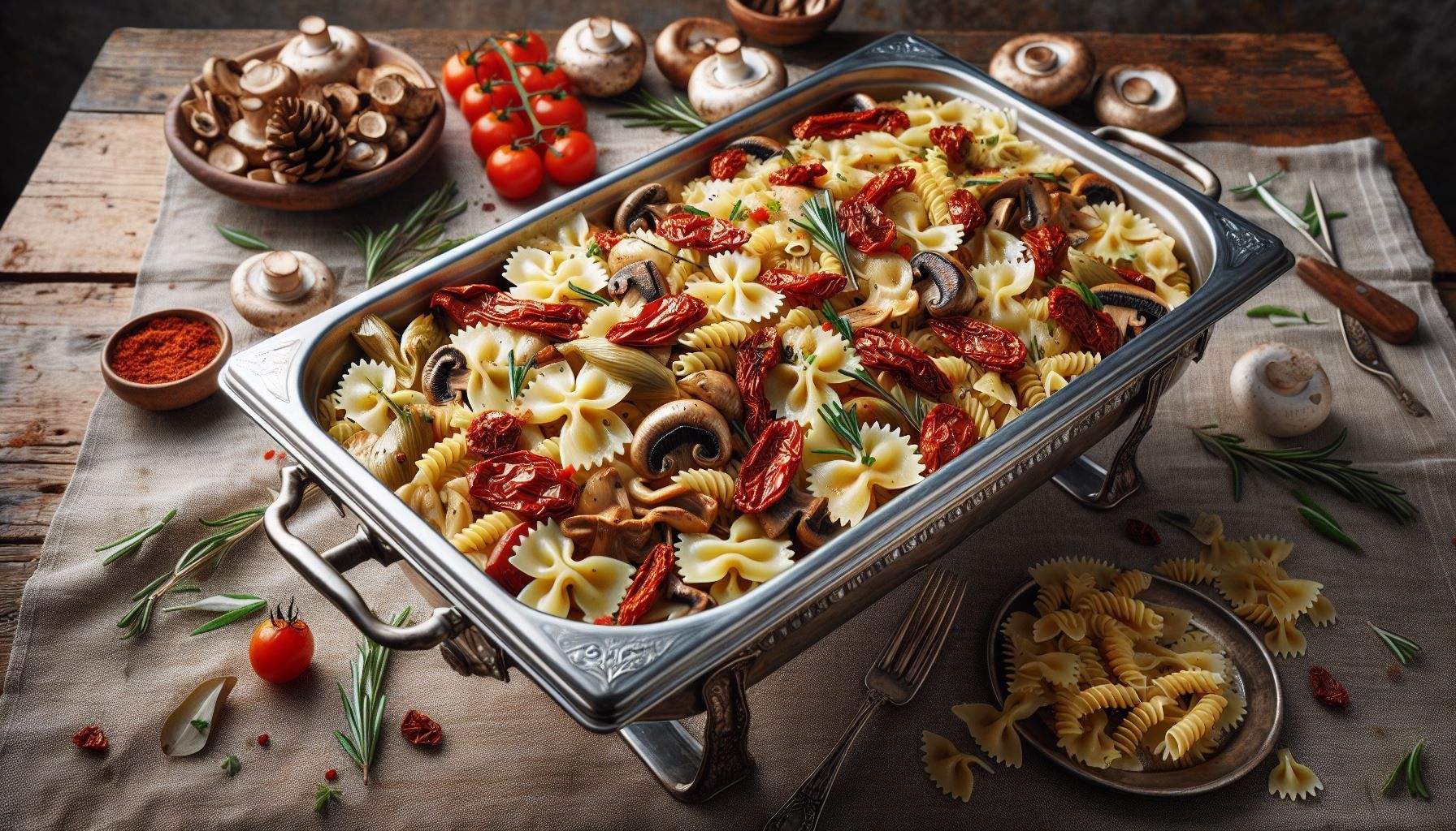 A tray of pasta with mushrooms and tomatoes on a wooden table.