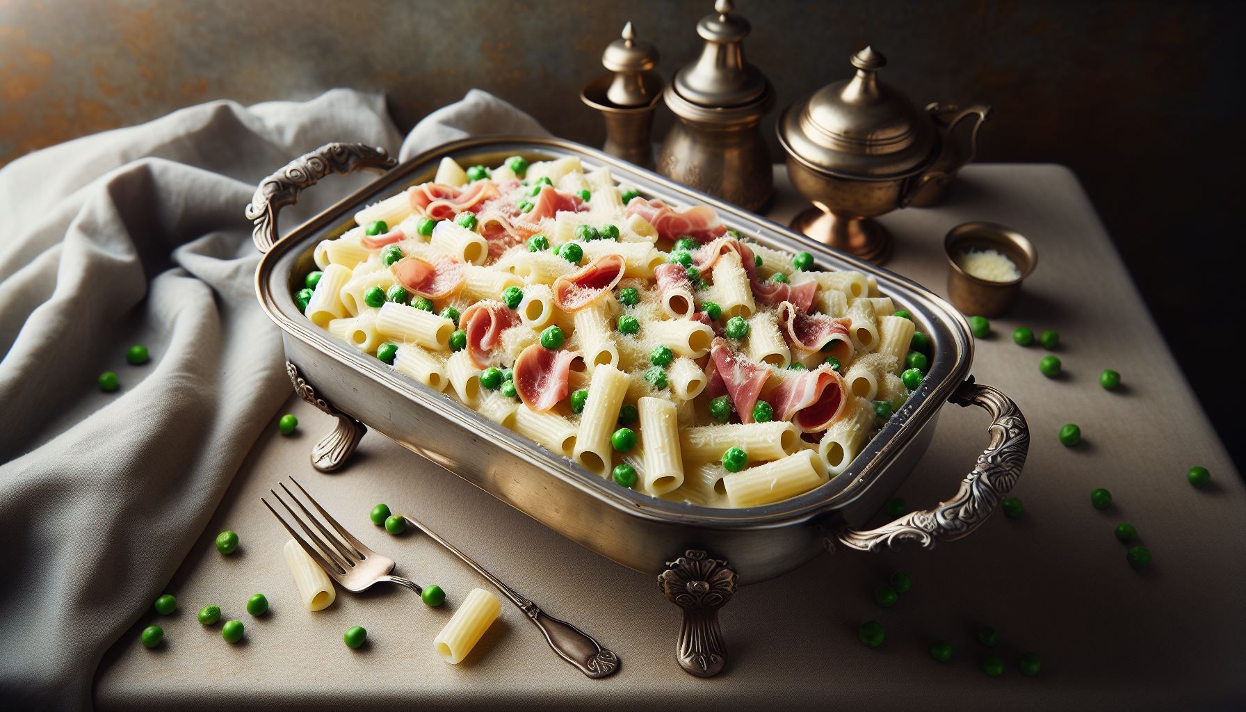 A casserole dish filled with pasta and peas on a table.