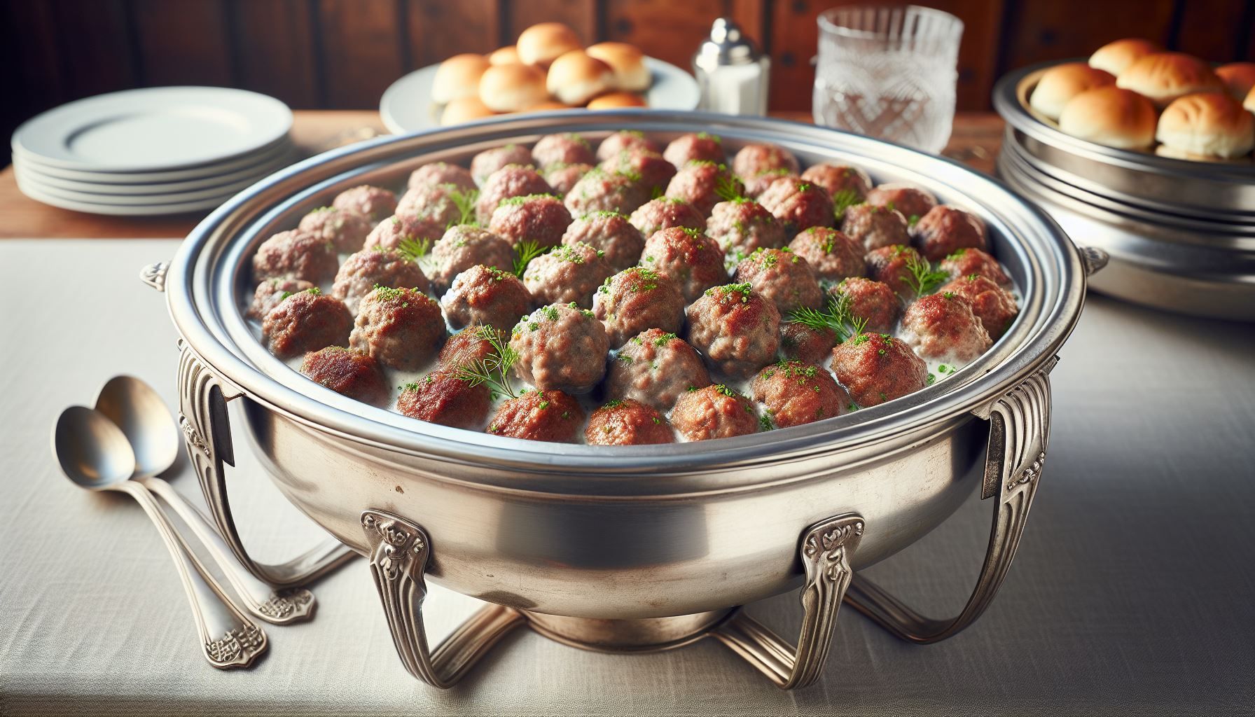 A silver bowl filled with meatballs is sitting on a table.