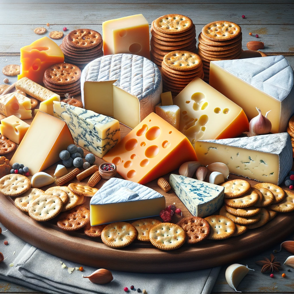 there are many different types of cheese and crackers on the cutting board .