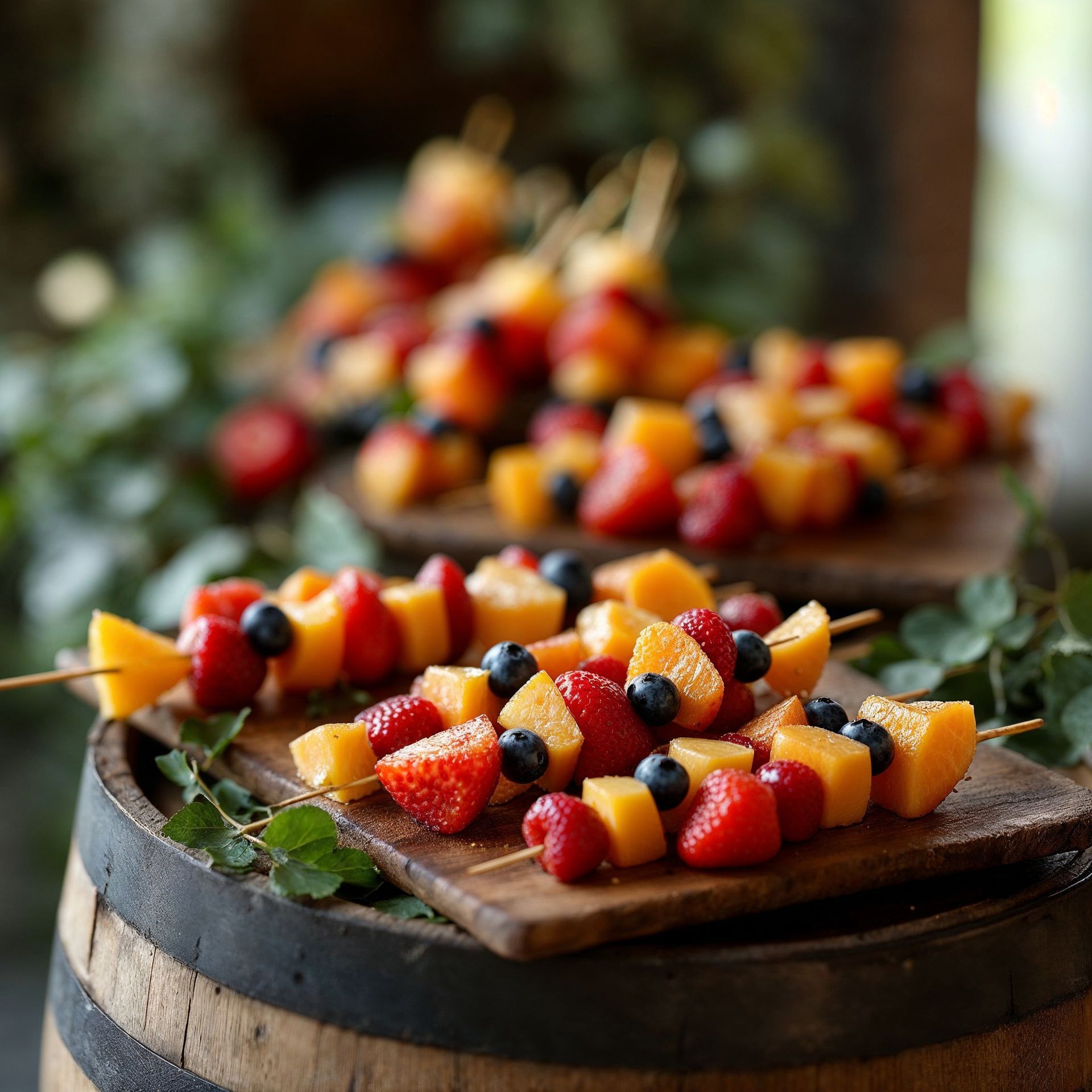 A wooden cutting board topped with skewers of fruit and berries