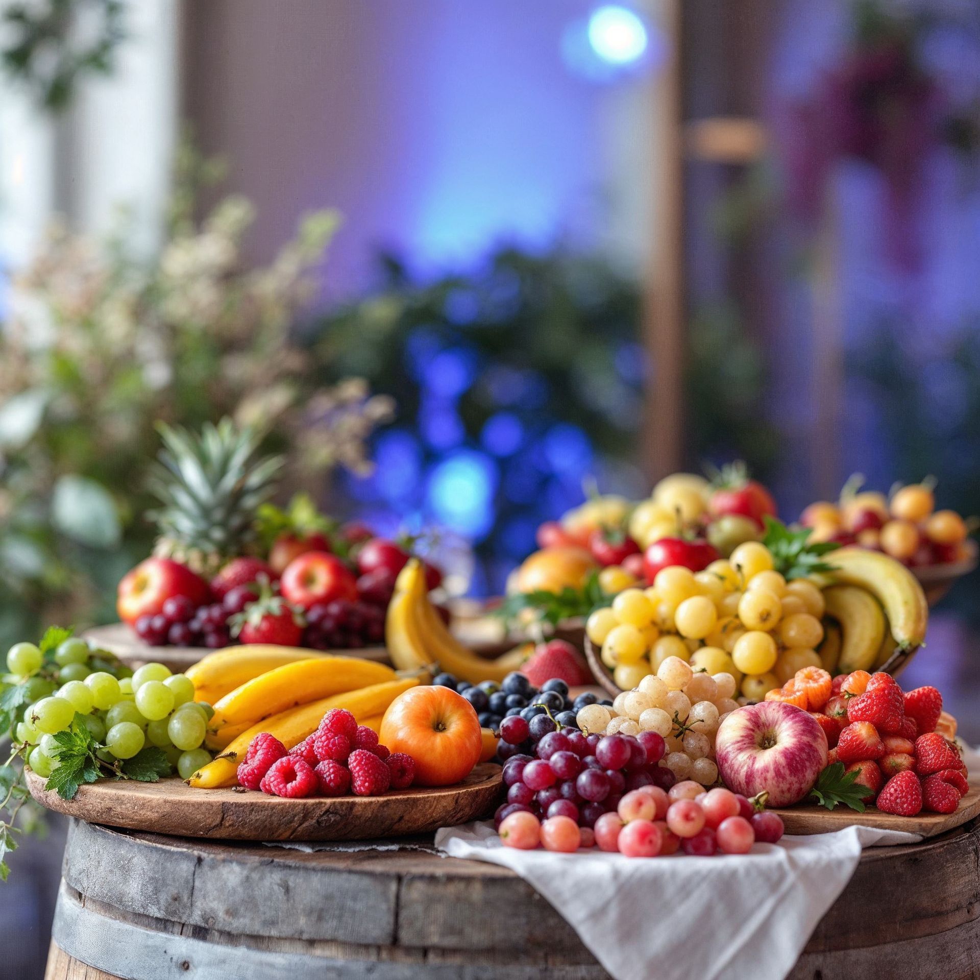 A basket filled with apples grapes and oranges on a table