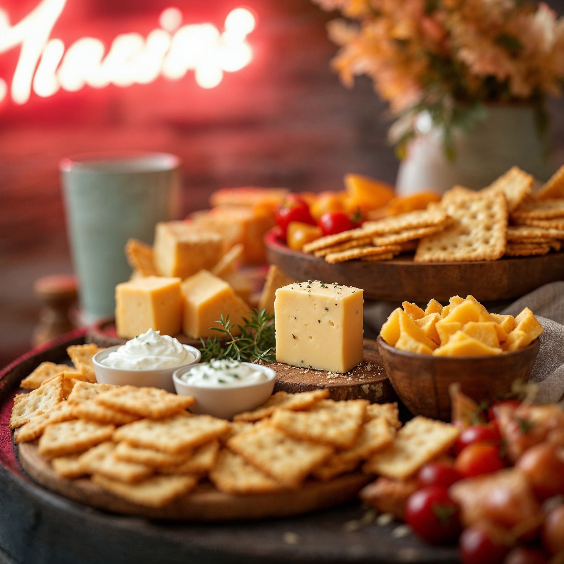 A wooden cutting board filled with different types of cheese and crackers.