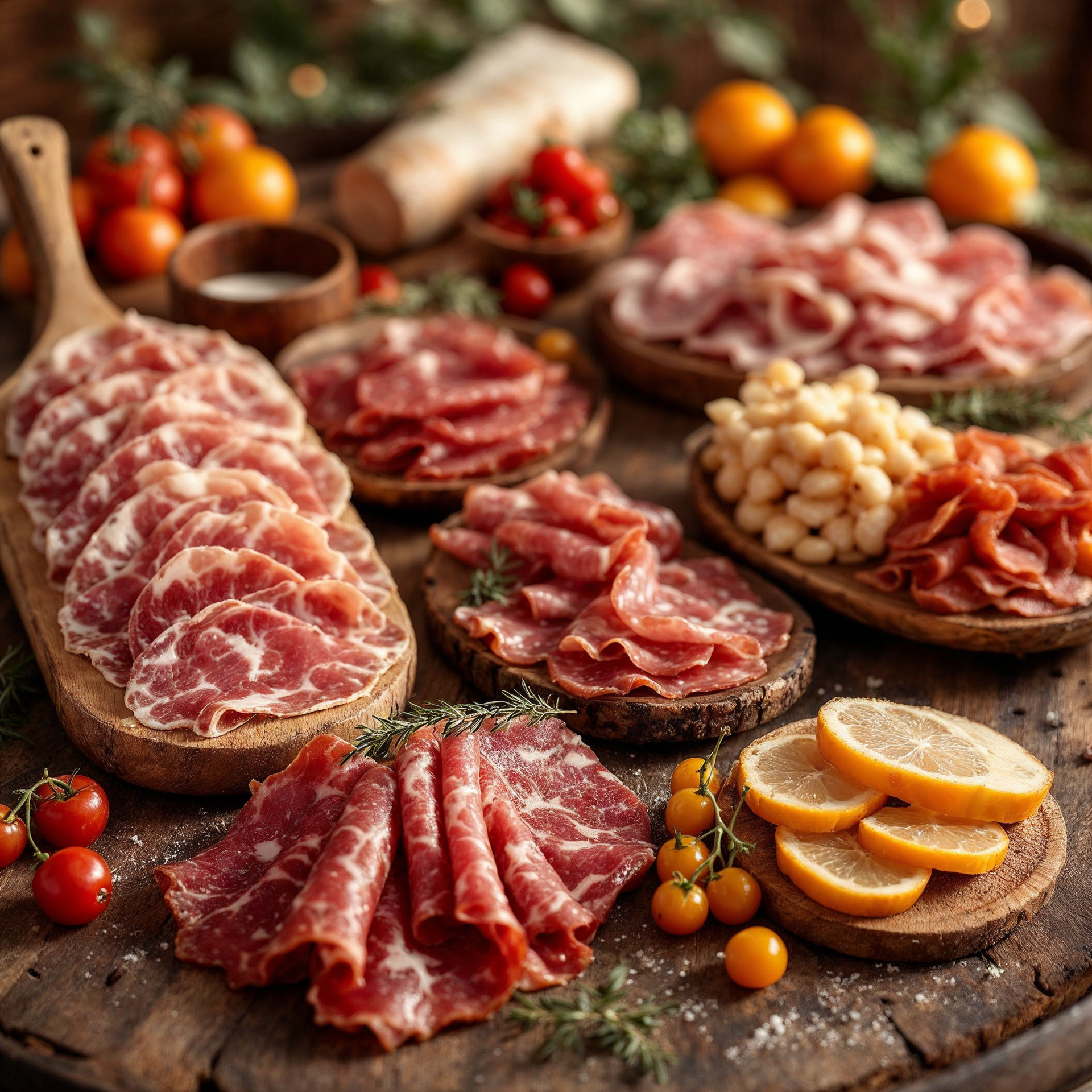 A wooden cutting board topped with a variety of meats and vegetables.