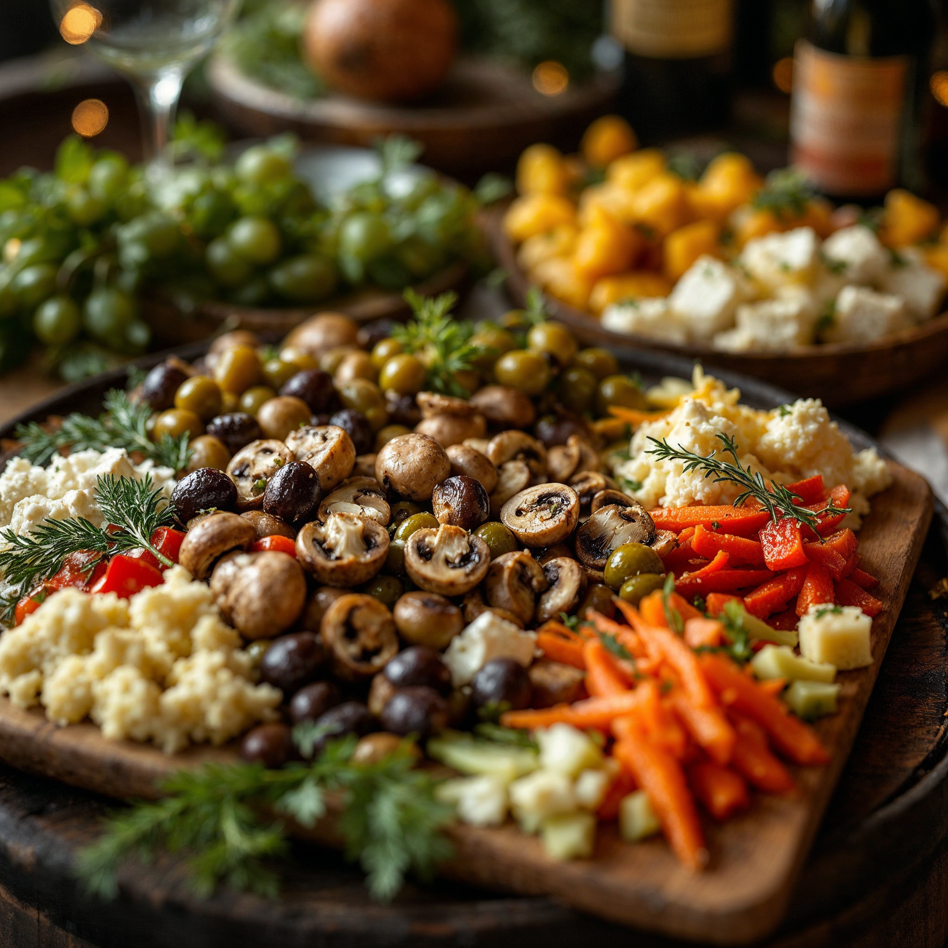 A wooden tray filled with a variety of greek food.