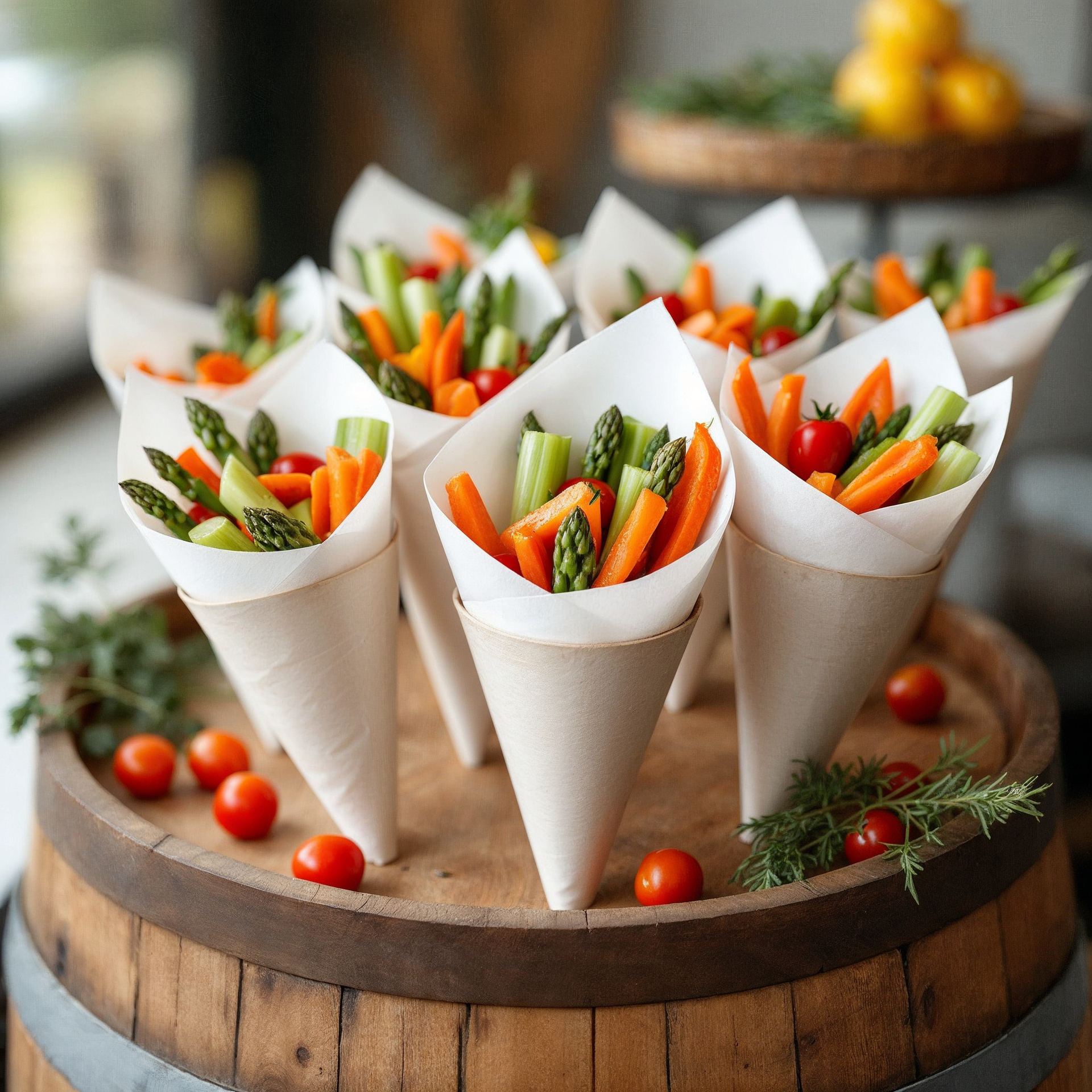 A wooden cutting board topped with paper cones filled with vegetables.