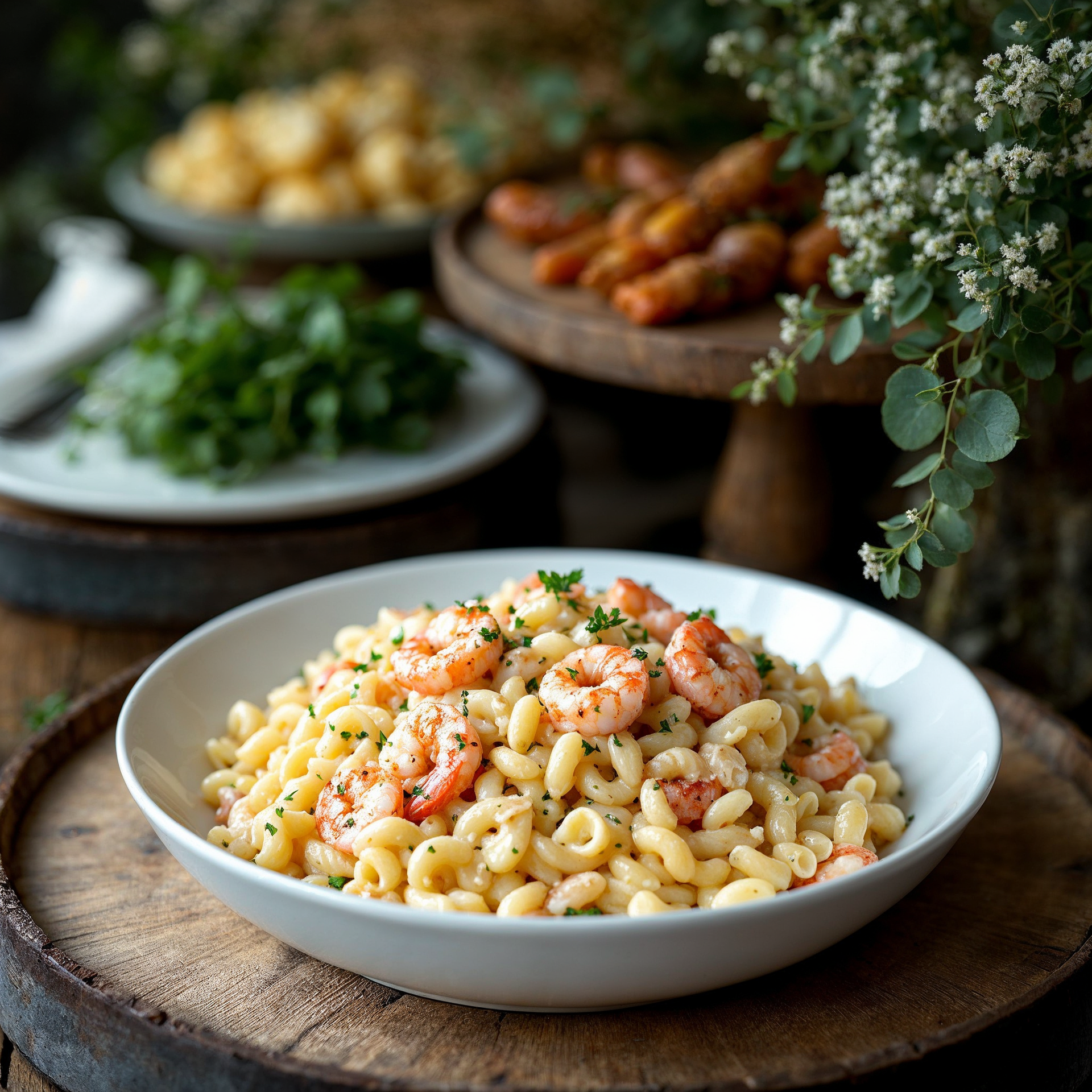 A bowl of macaroni and cheese with shrimp and green onions