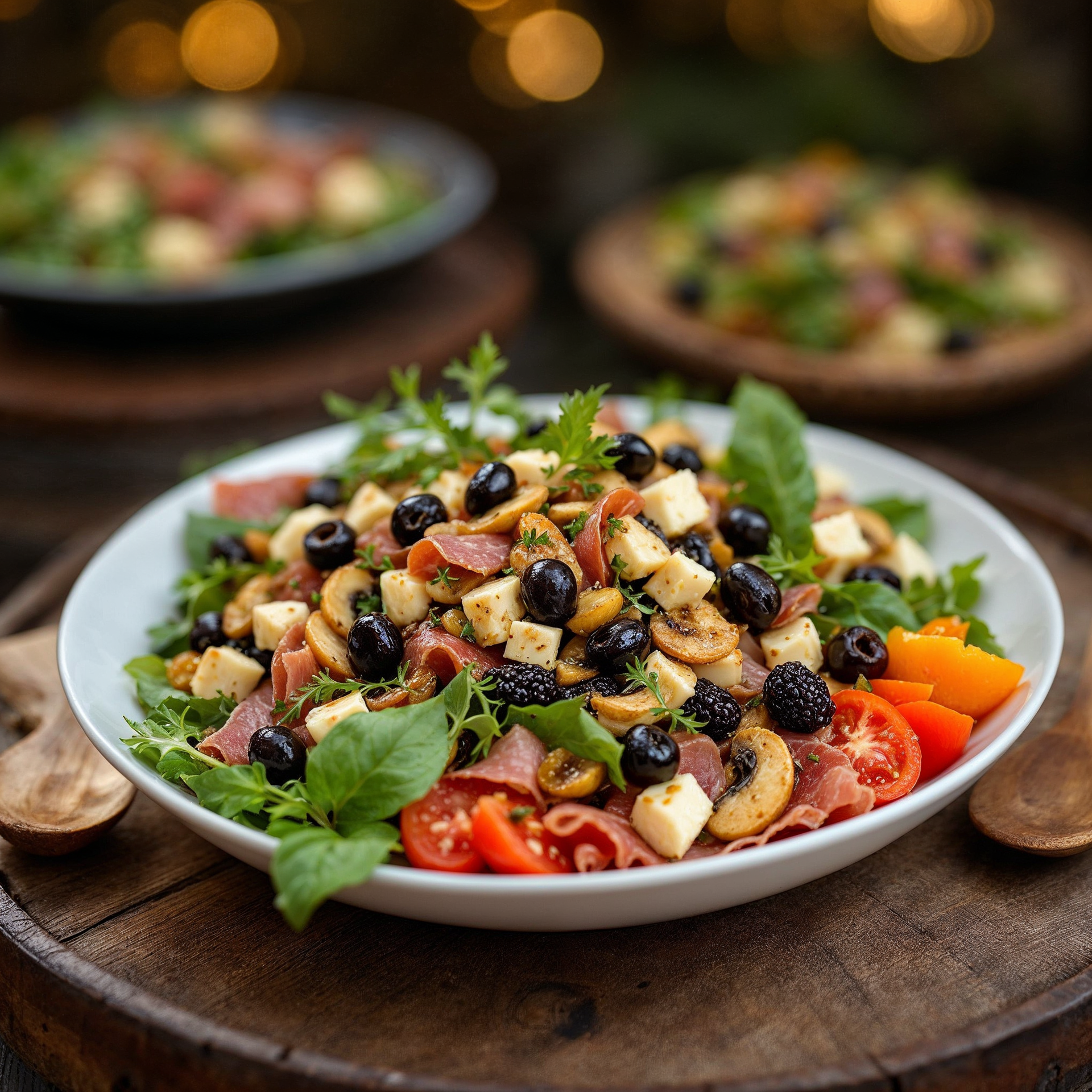 A plate of food with meat , cheese , vegetables and olives on a wooden table.