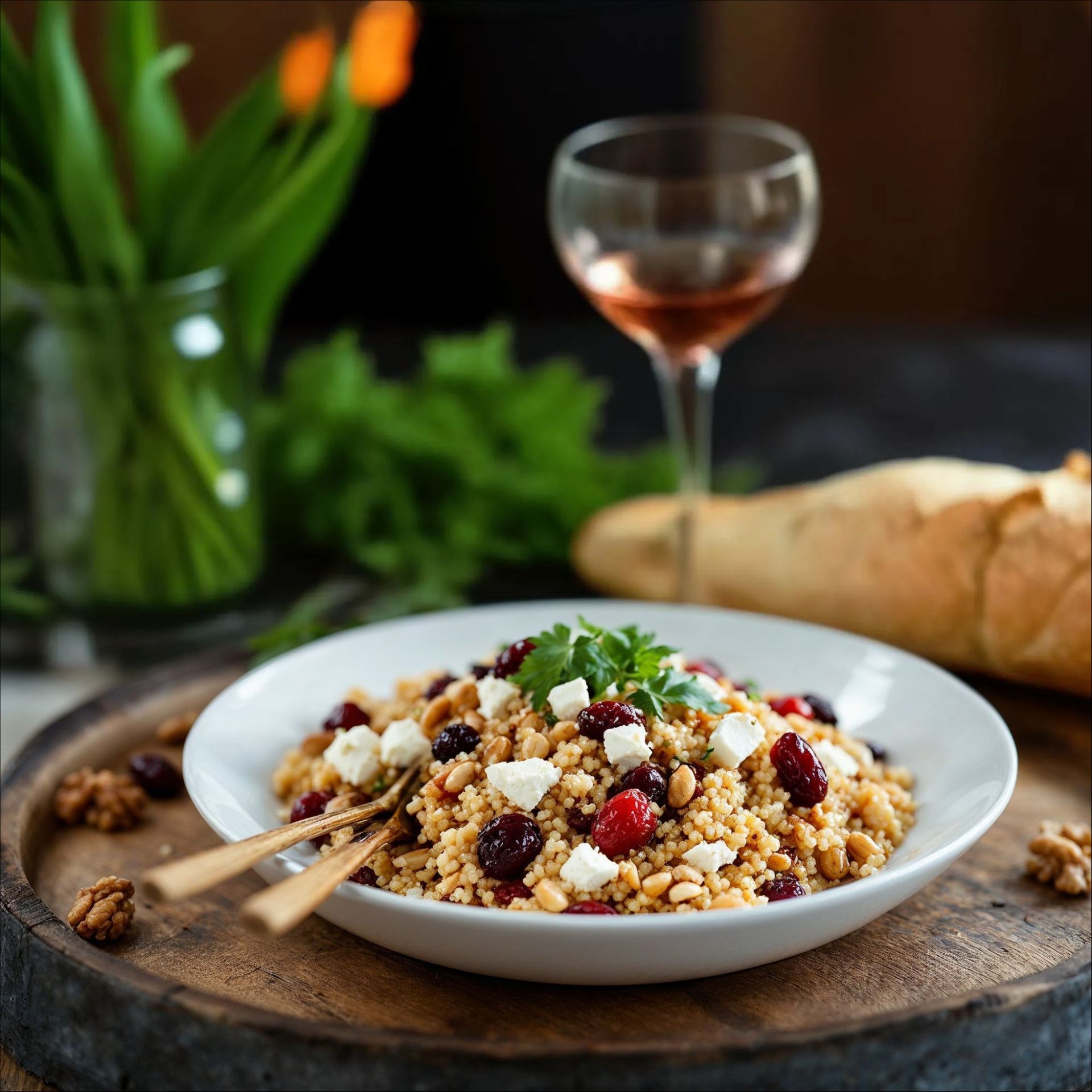 A bowl of food with nuts and cranberries on a table with a fork and spoon.