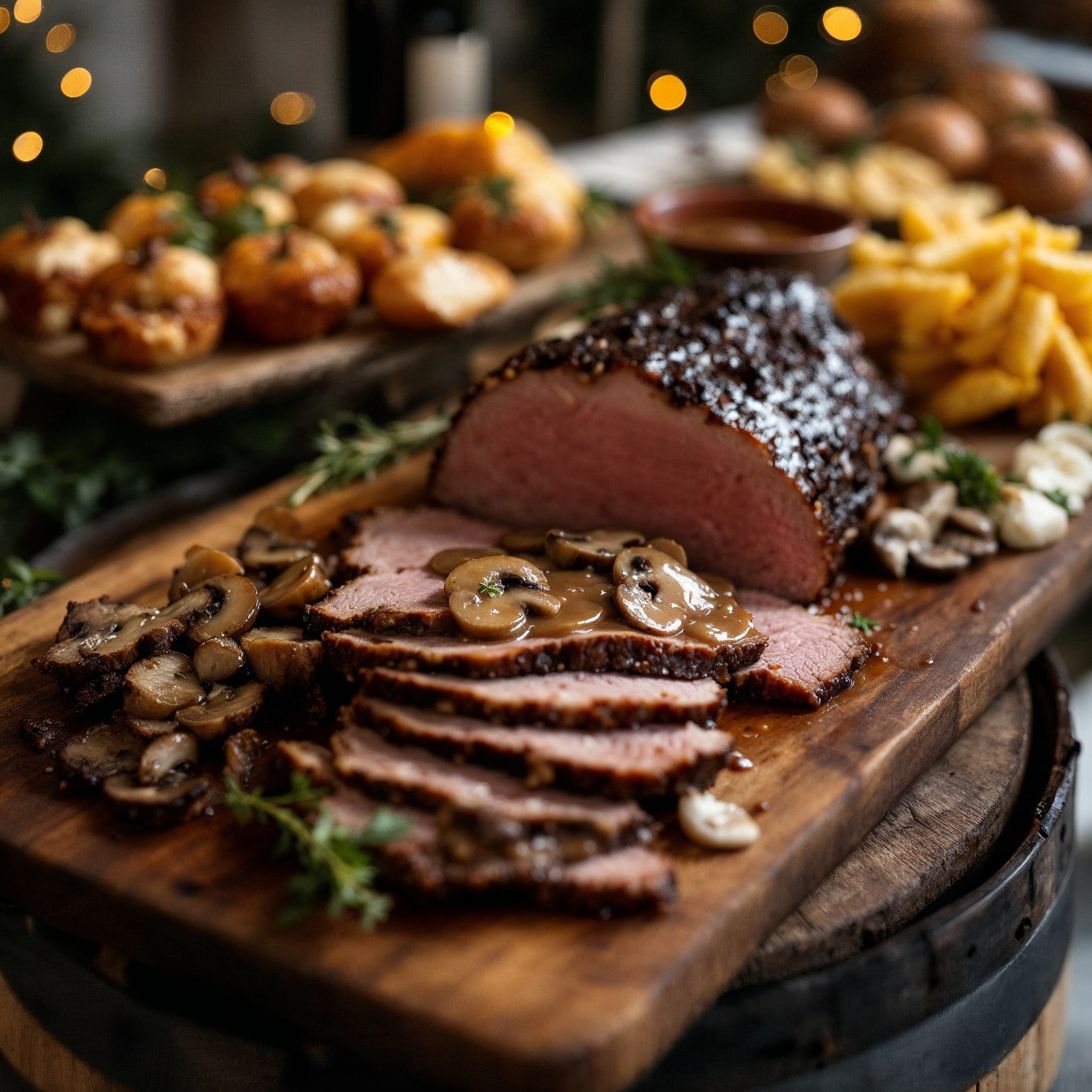 A large piece of meat is on a wooden cutting board in a restaurant.