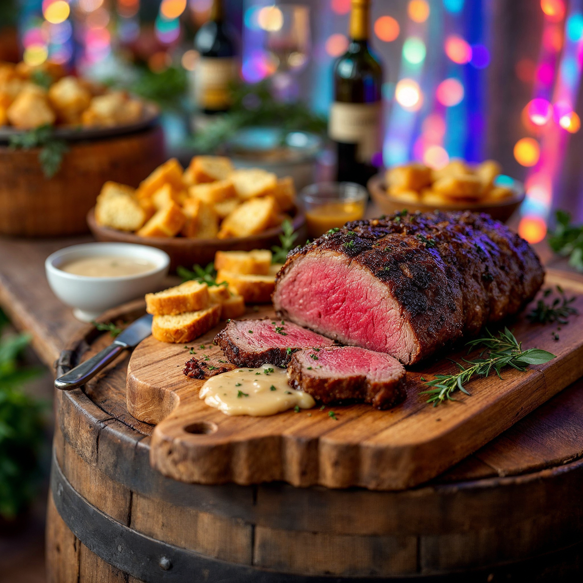 A large piece of meat is sitting on top of a wooden cutting board.