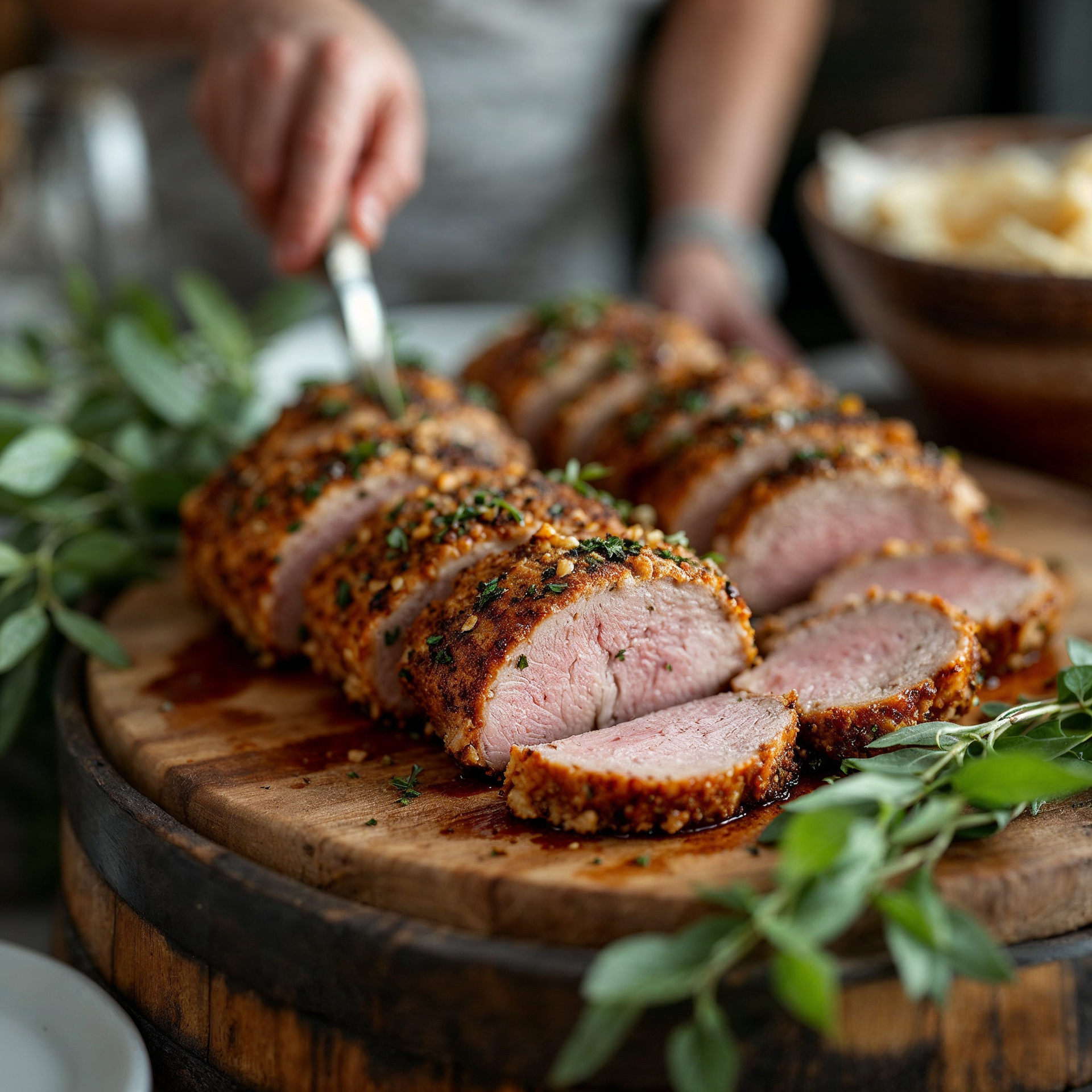 A large piece of meat is sitting on a wooden cutting board on a table.