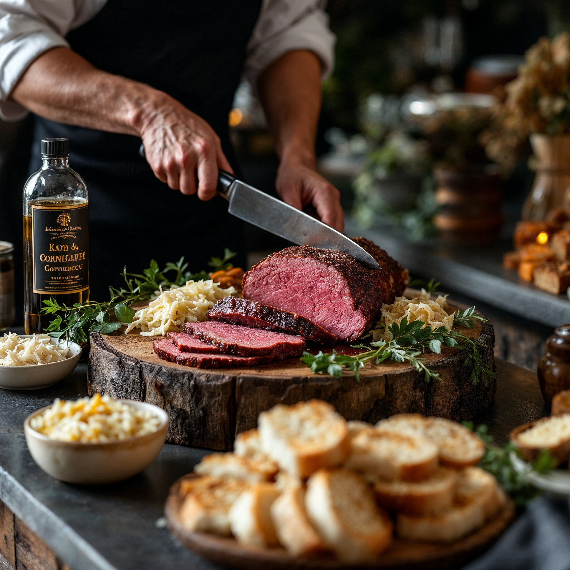 A wooden cutting board topped with sliced meat and sauces.
