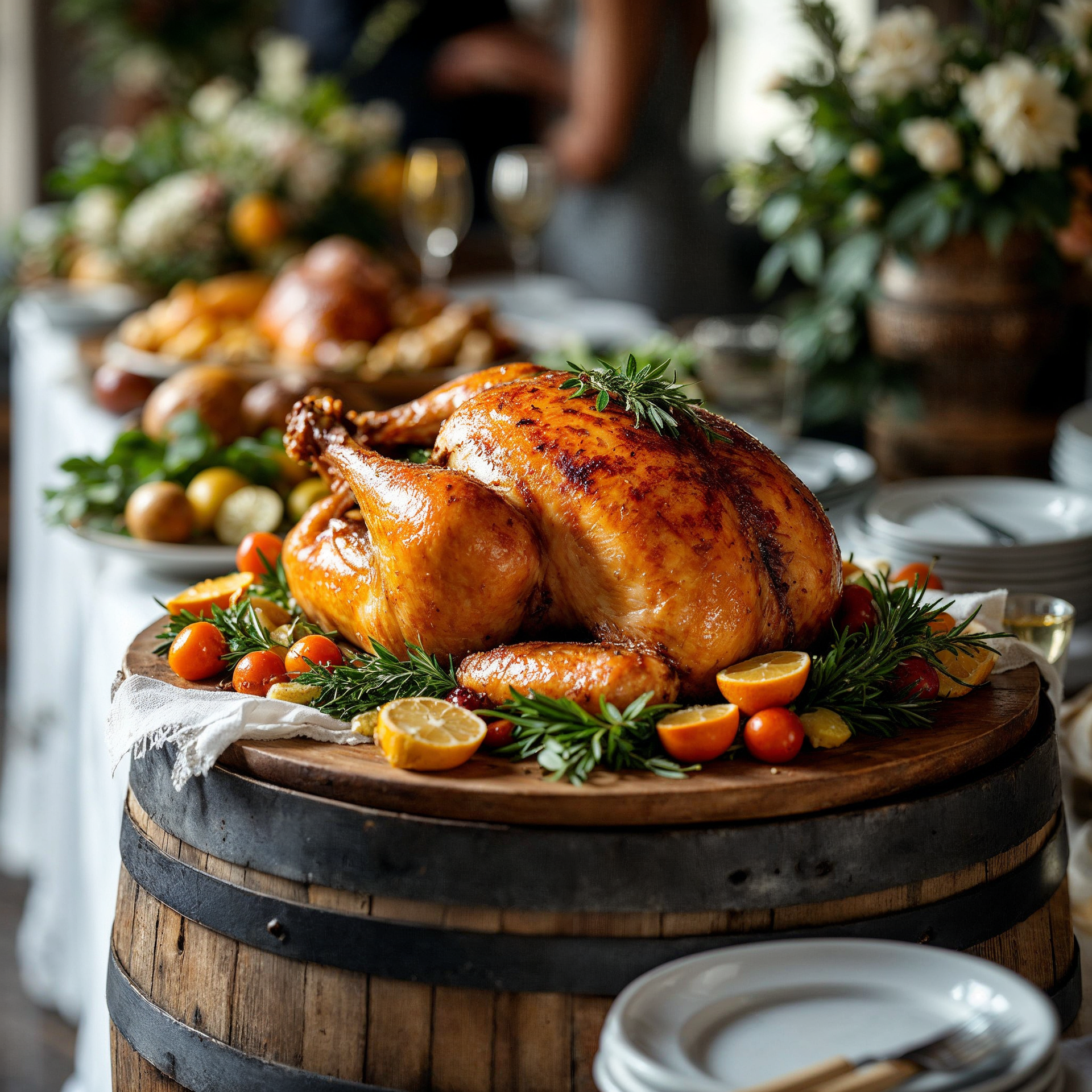A roasted turkey is sitting on top of a wooden cutting board on a table.