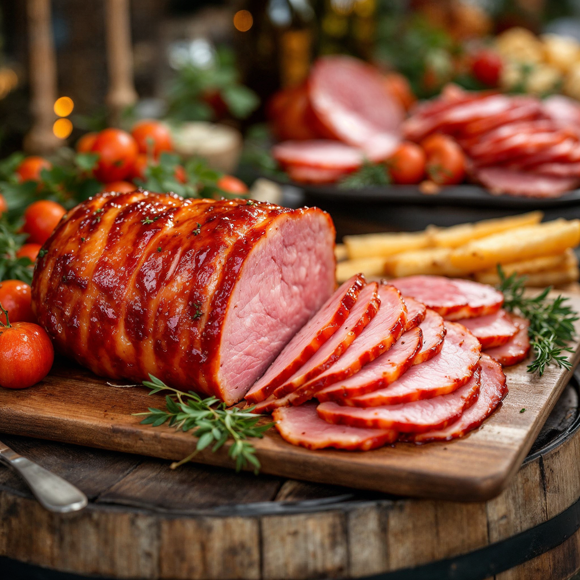 A ham with pineapple slices on a wooden cutting board on a table.