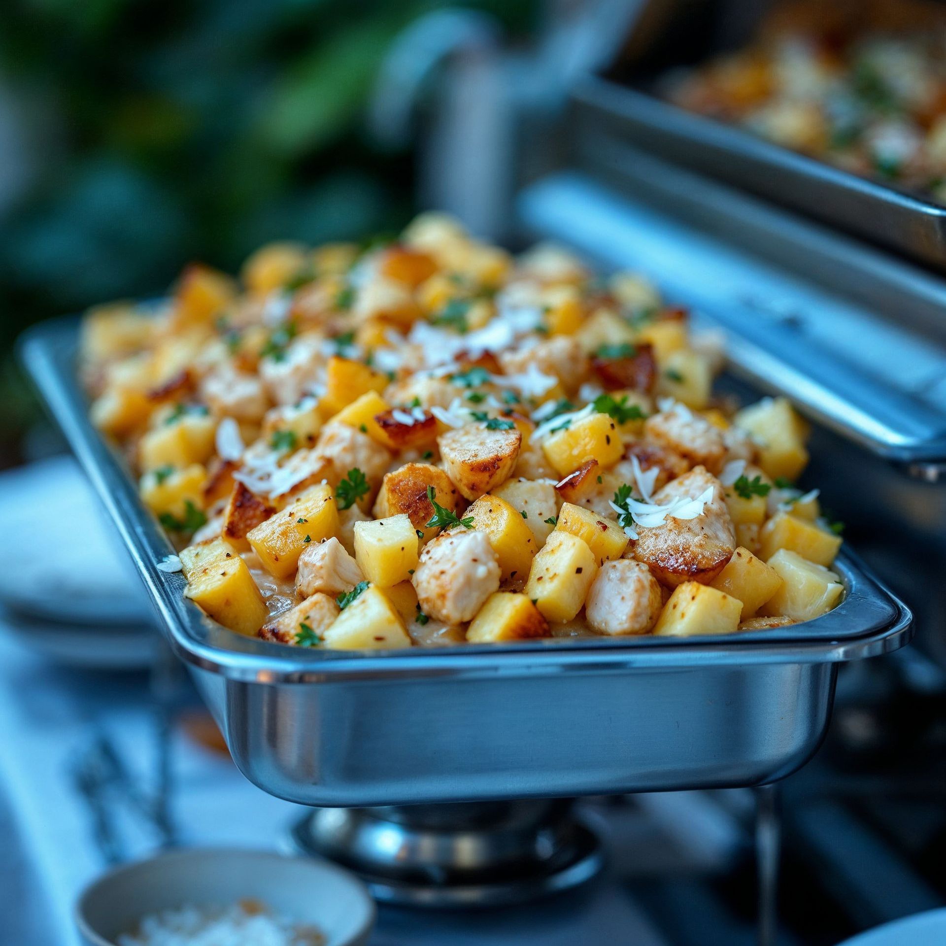 A casserole dish filled with pineapple and coconut on a wooden table.