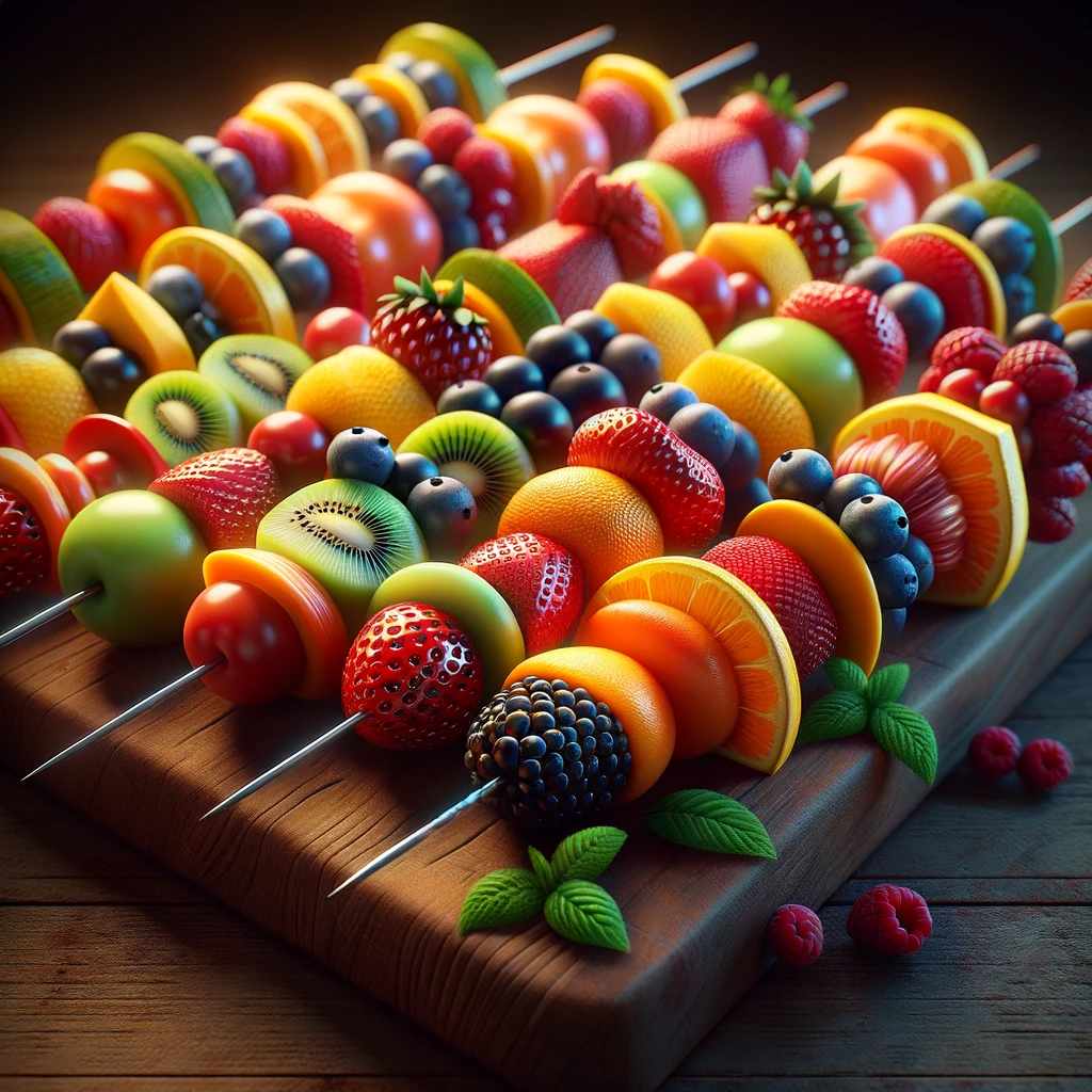 a wooden cutting board topped with skewers of fruit and berries .