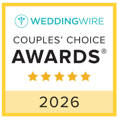 WeddingWire Couples' Choice Awards badge, yellow square frame, with five gold stars, and the year 2026.