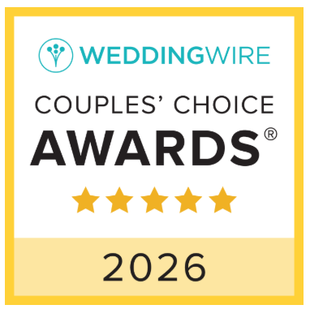 WeddingWire Couples' Choice Awards badge, yellow square frame, with five gold stars, and the year 2026.