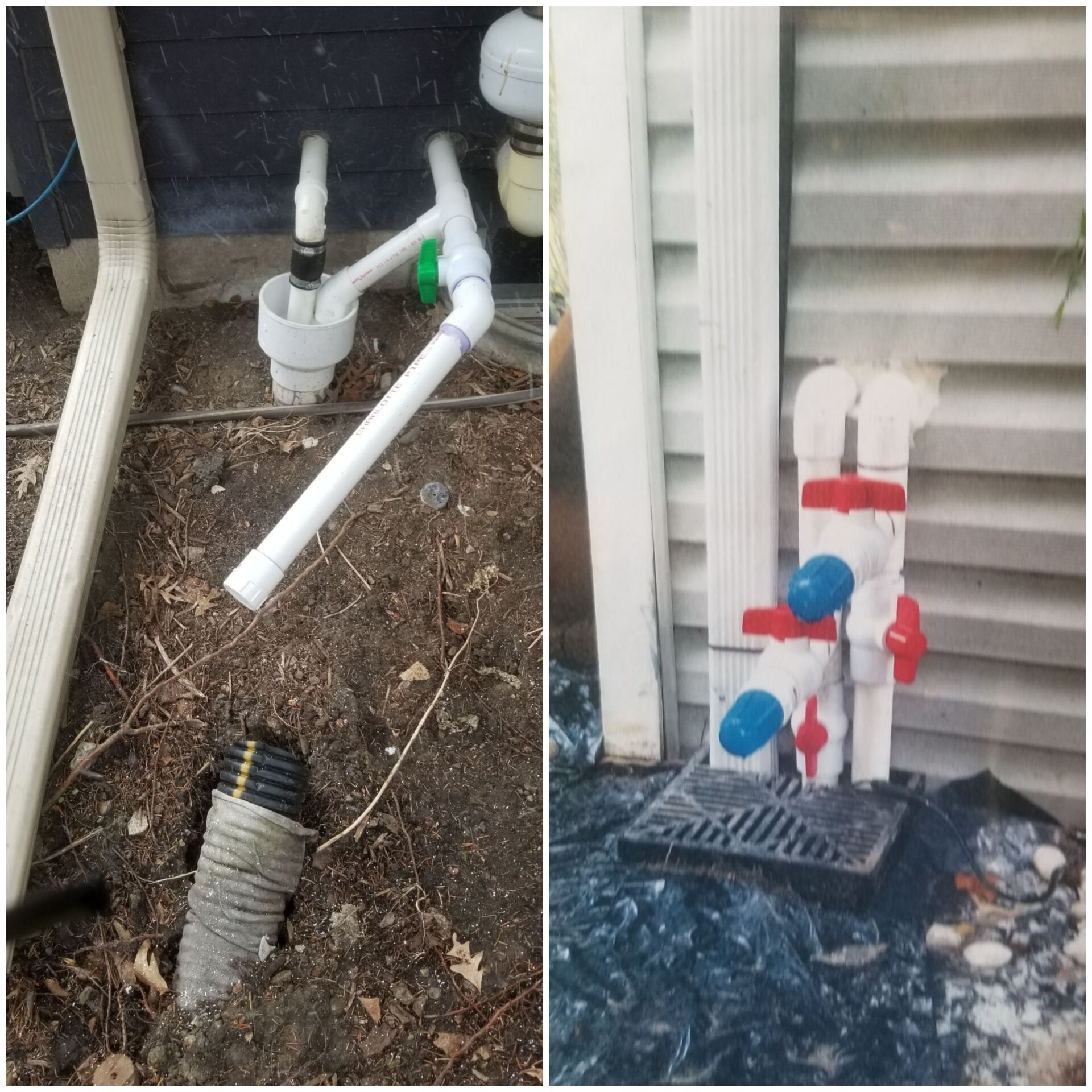 Two views of outdoor plumbing, white pipes and valves against a house, with a drain and ground visible.