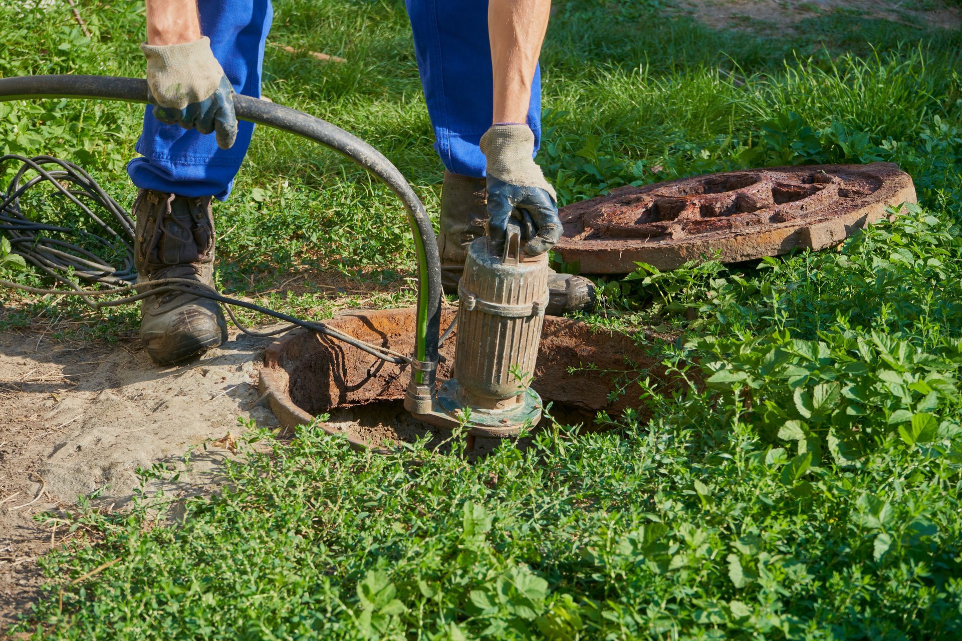 Worker using a submersible pump to remove water from an open manhole on grassy ground.