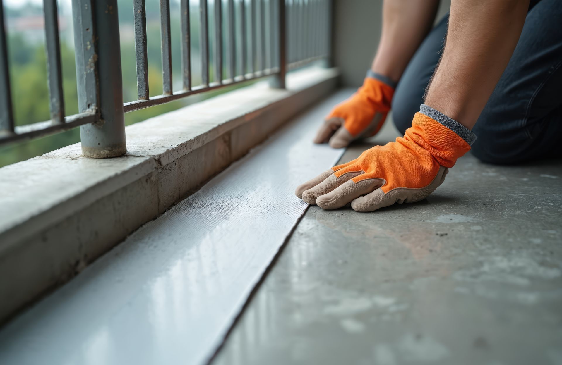 Person wearing orange gloves installing gray flooring on a balcony, near a metal railing.