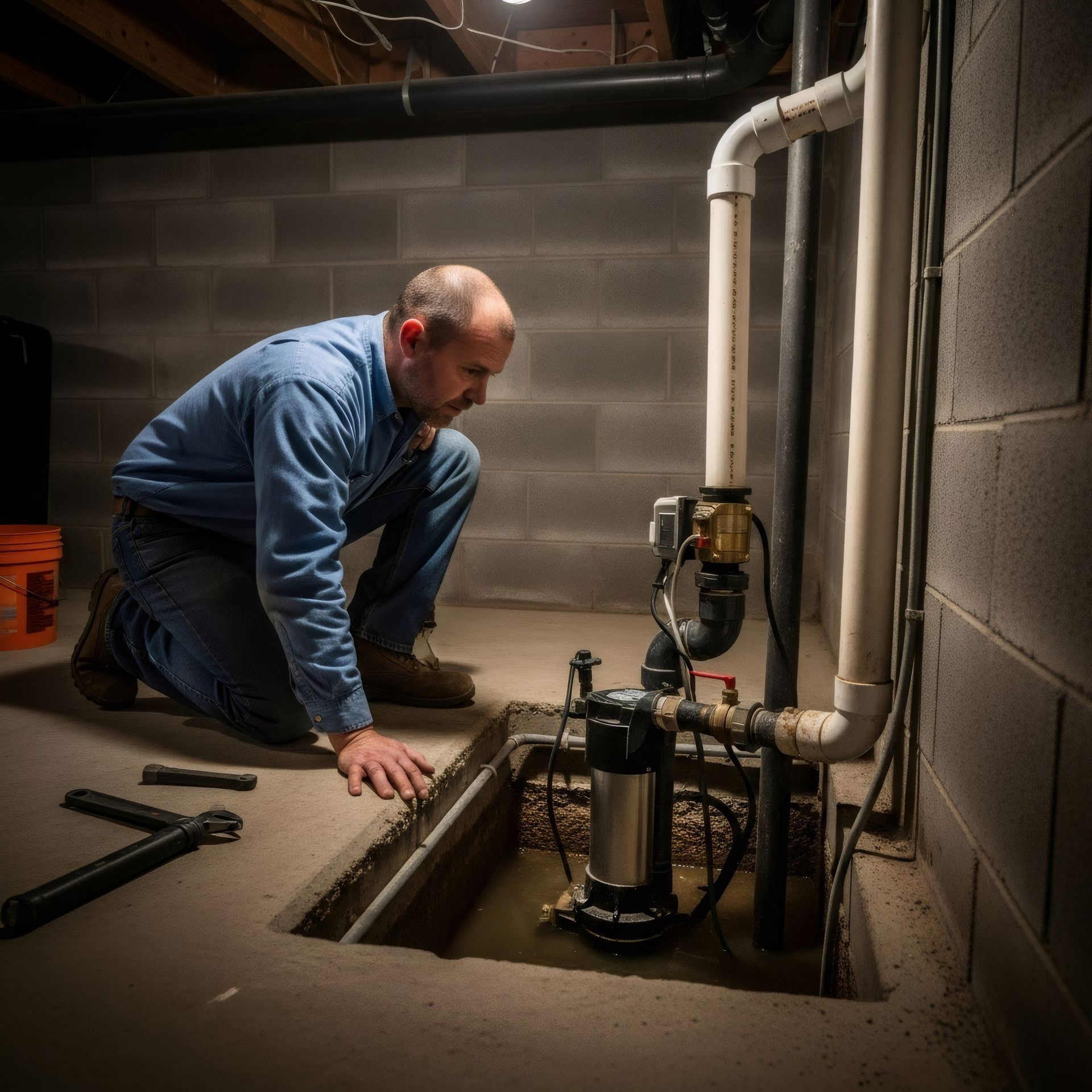 A worker is performing a sump pump installation in a basement.