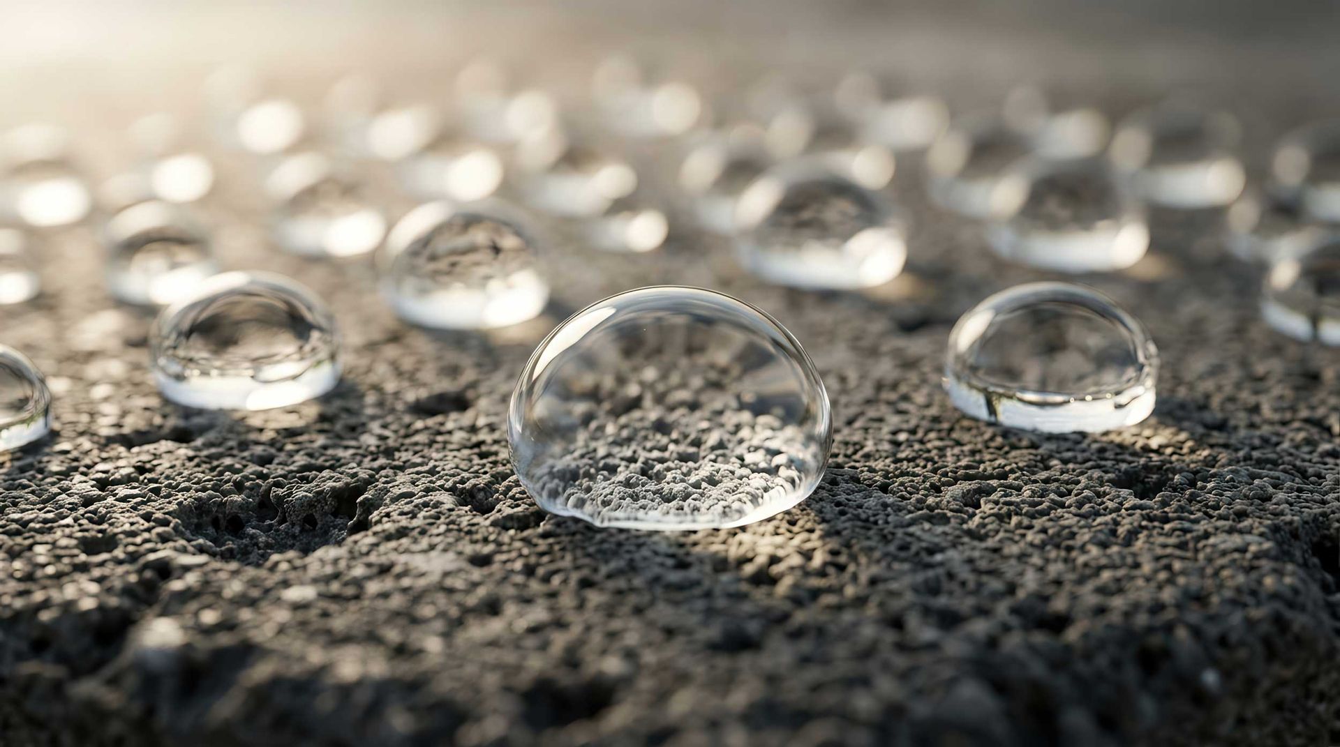 Water droplets beading on a rough surface, highlighting texture and light reflections.