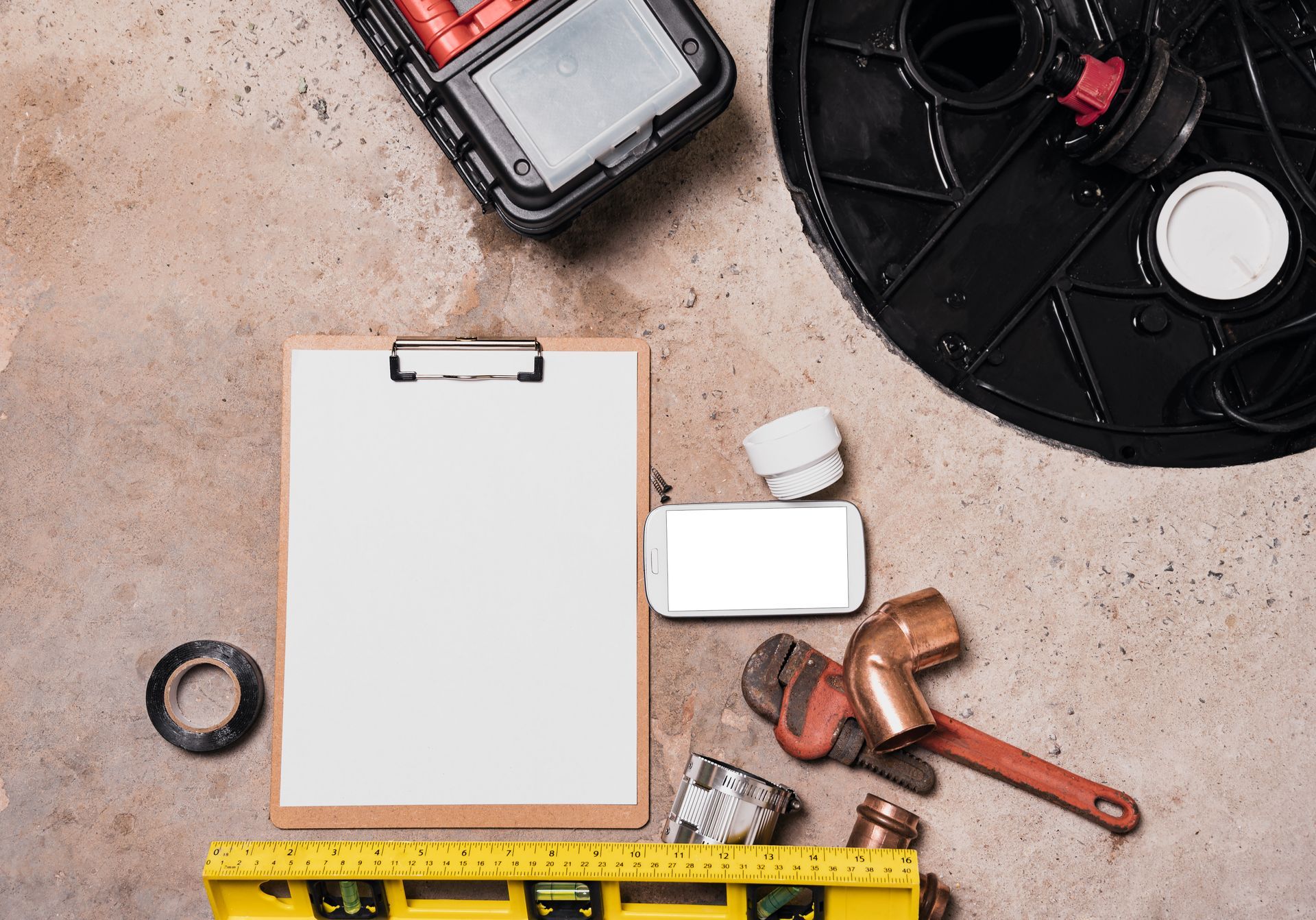 Plumbing tools, clipboard, and sump pump parts arranged on a workshop floor.