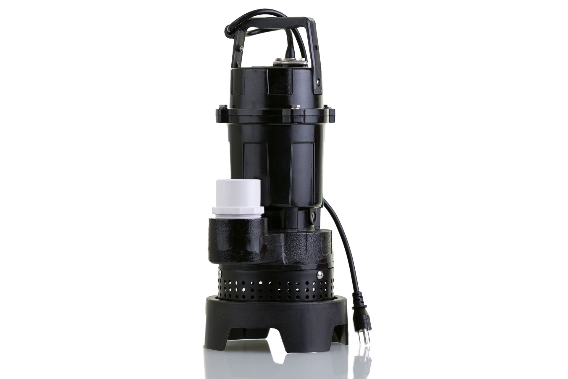 Submersible sump pump for basement water drainage.