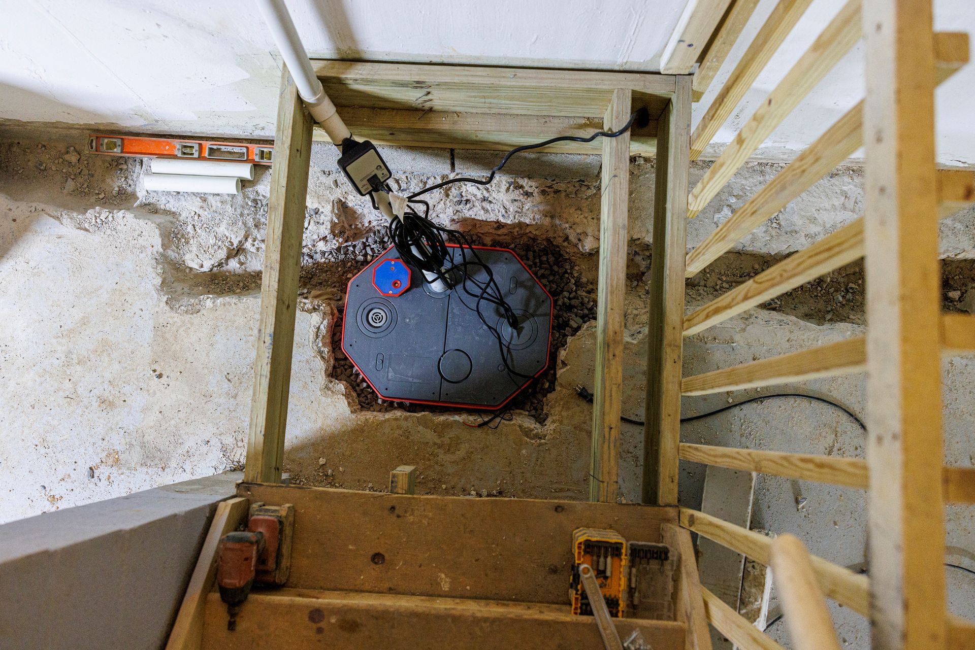 Sump pump installation in basement stairwell. Sump pump installation in basement stairwell.