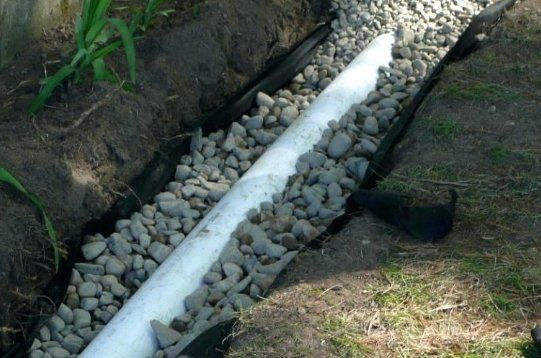 A buried drainage pipe surrounded by gravel in a trench, with black fabric lining the sides.