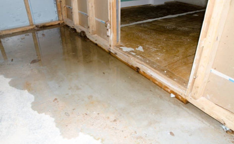 Flooded room with standing water on the floor and damaged wooden door frames.