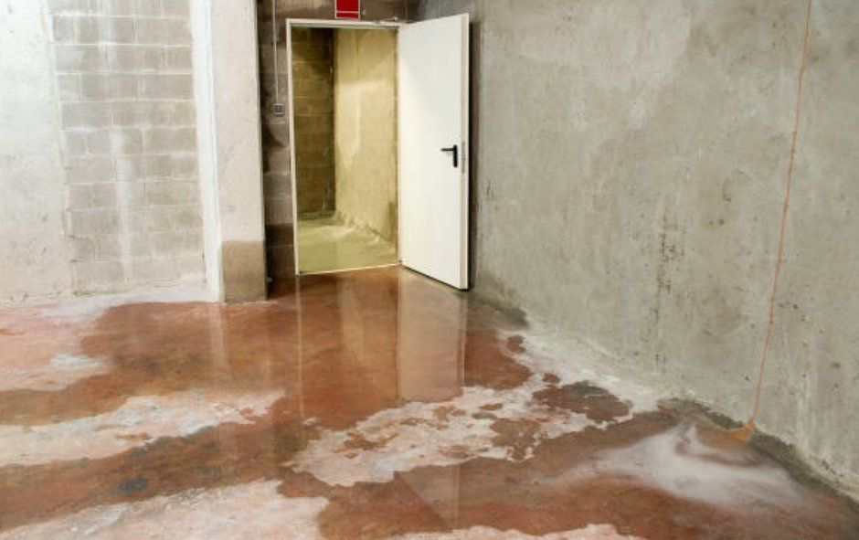 Water covers a basement floor near a partially open white door; concrete walls.