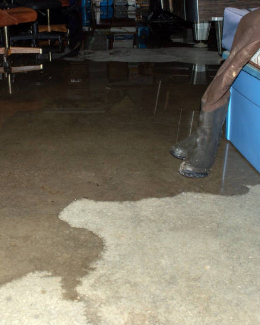 Flooded basement with person wearing rubber boots, sitting next to a blue bin.