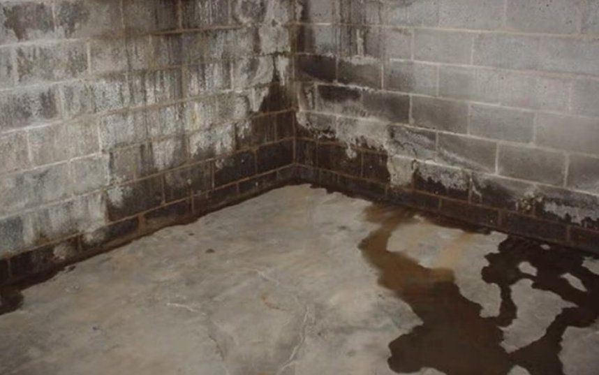 Water damaged basement walls and floor with standing water.