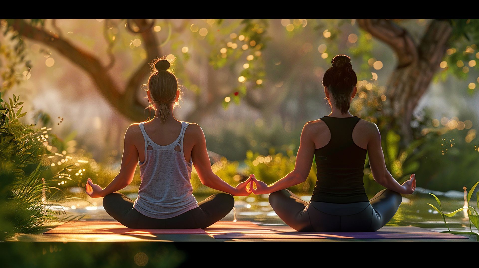 Two women are sitting in a lotus position on a yoga mat.