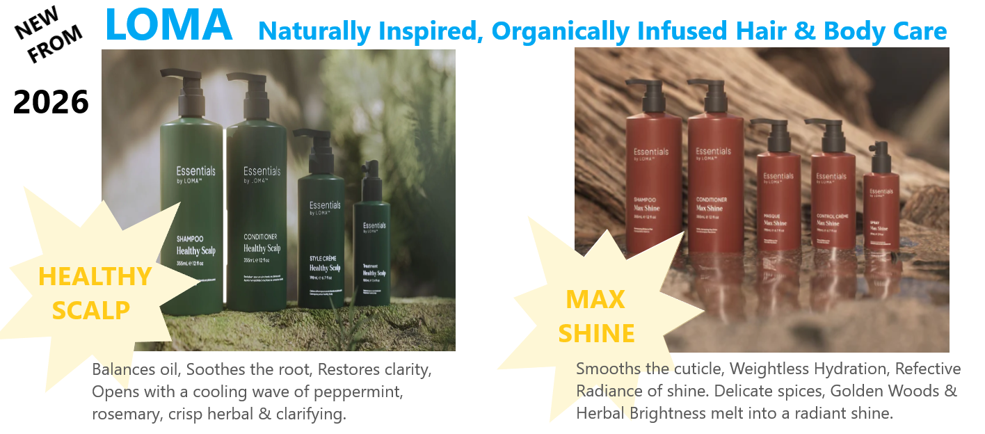 LOMA brand advertisement featuring Healthy Scalp green hair care bottles and Max Shine copper bottles on natural surfaces.