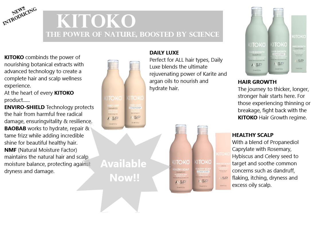 An advertisement for Kitoko hair products showcasing various shampoo and conditioner bottles with product information text.