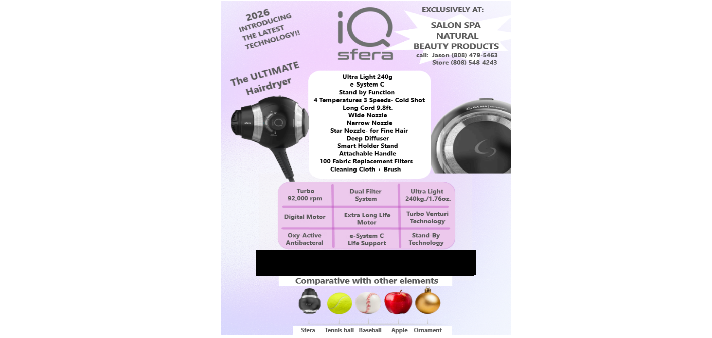 Product advertisement for IQ Sfera, featuring a hairdryer, technical specifications, and icons representing hair benefits.