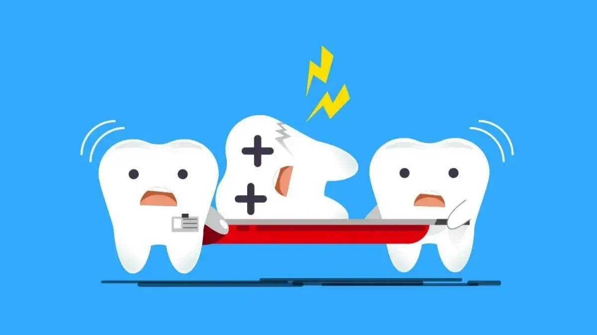 Two scared cartoon teeth carrying a sick tooth on a stretcher; blue background.