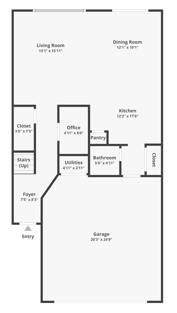 Floor plan of a residence, with rooms labeled: Kitchen, Living Room, Bedroom, Bath.