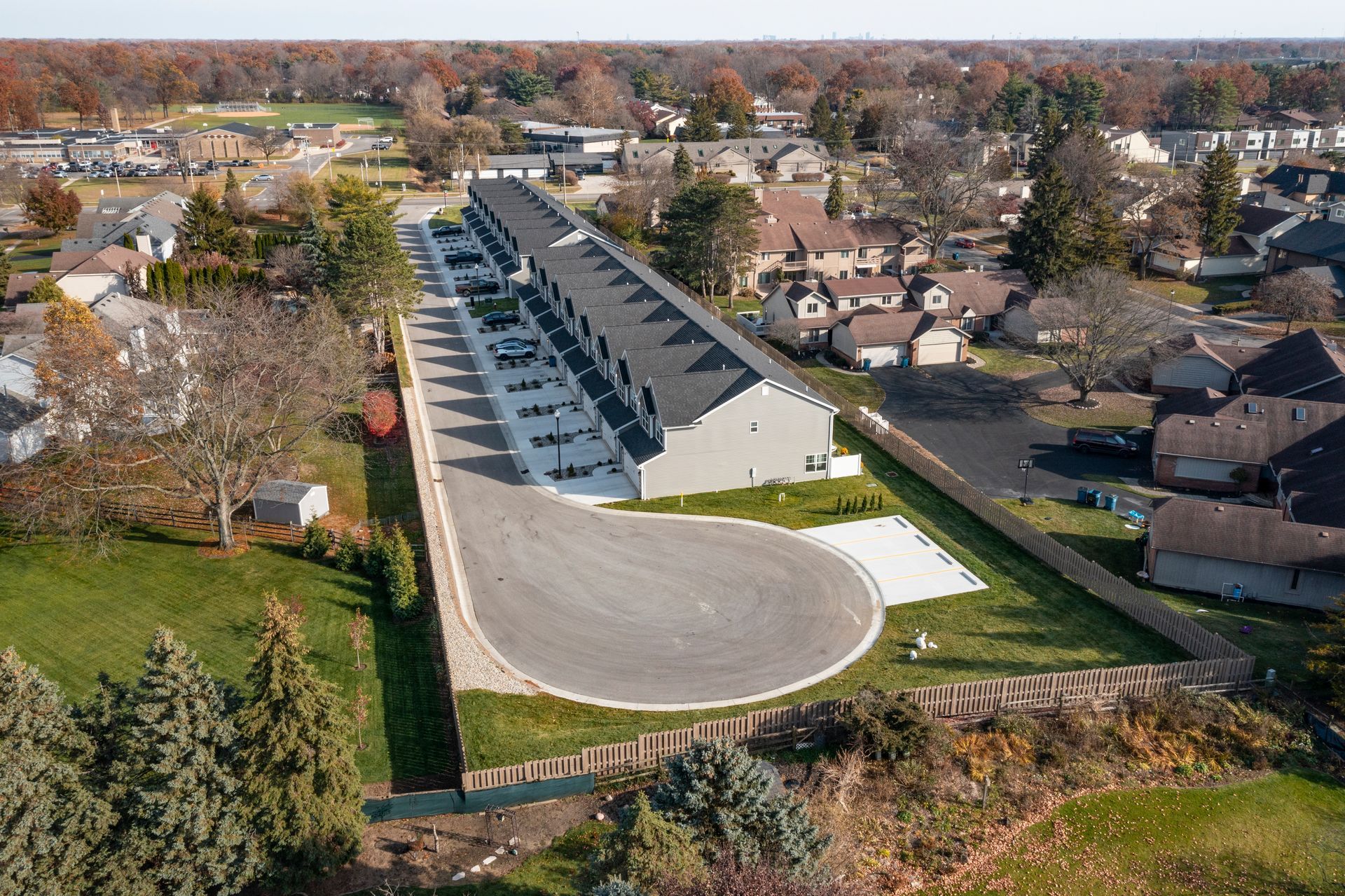 Photo of the round part of the cul-de-sac at the end of the row of houses