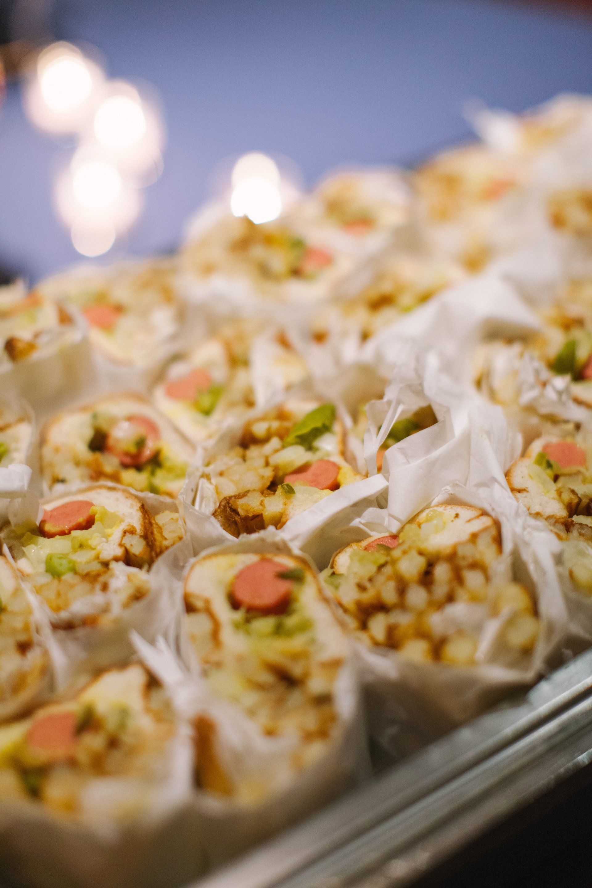 A close up of a tray of food on a table.