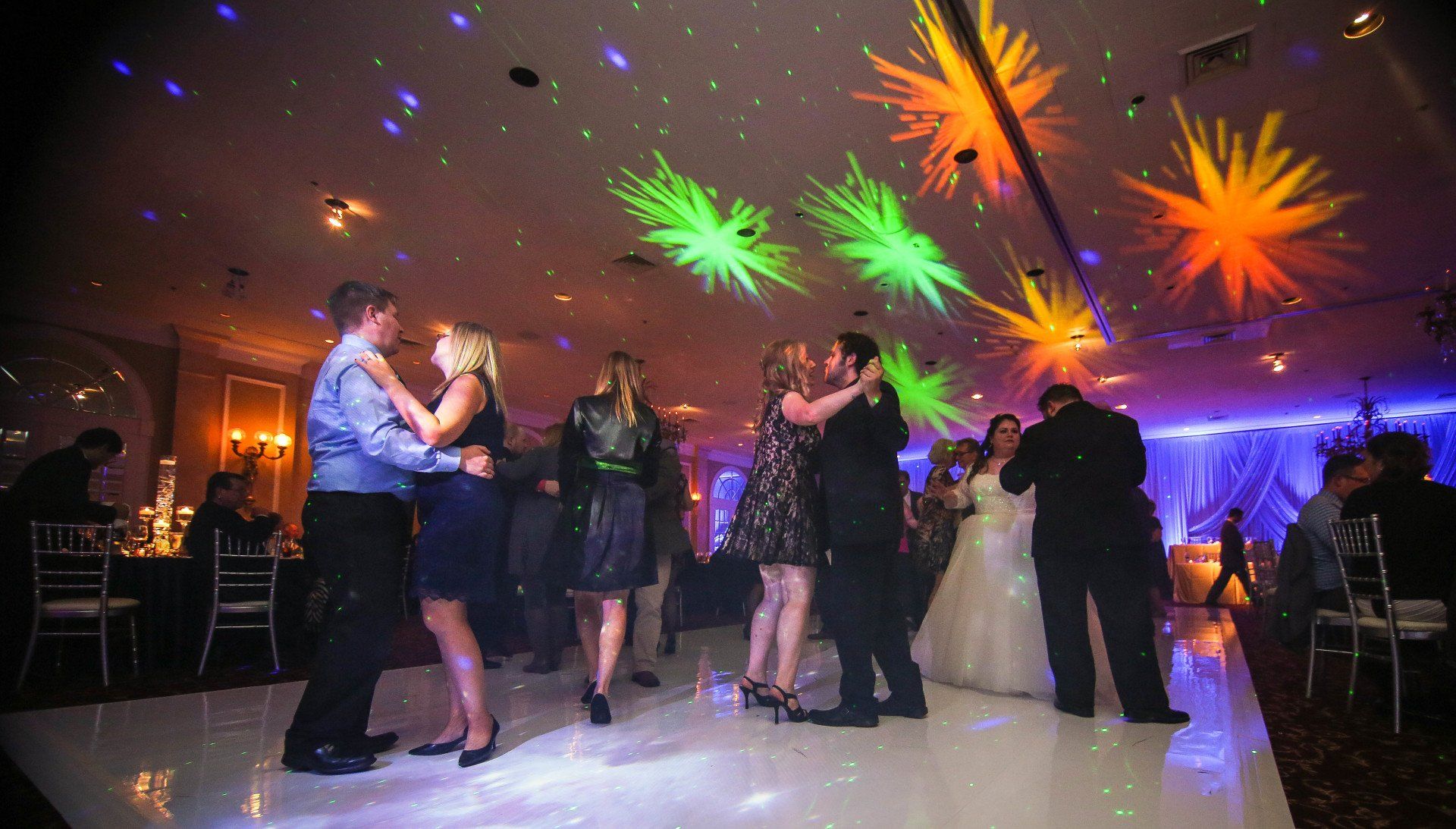 A group of people are dancing on a dance floor at a wedding reception.